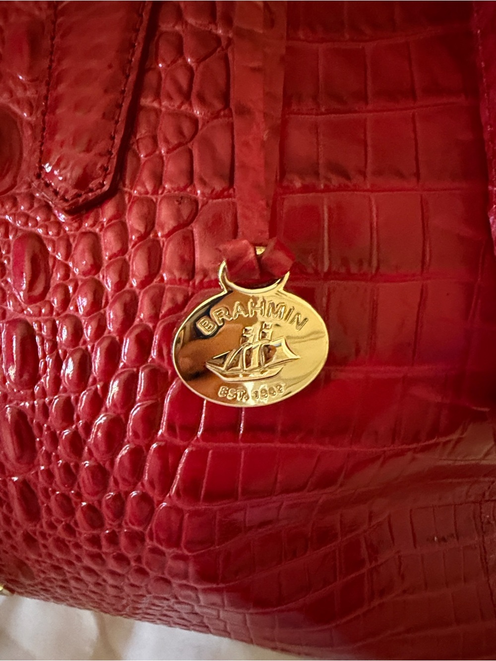 Brahmin Red Embossed Croc-Textured Satchel with Gold Hardware - Picture 3 of 7